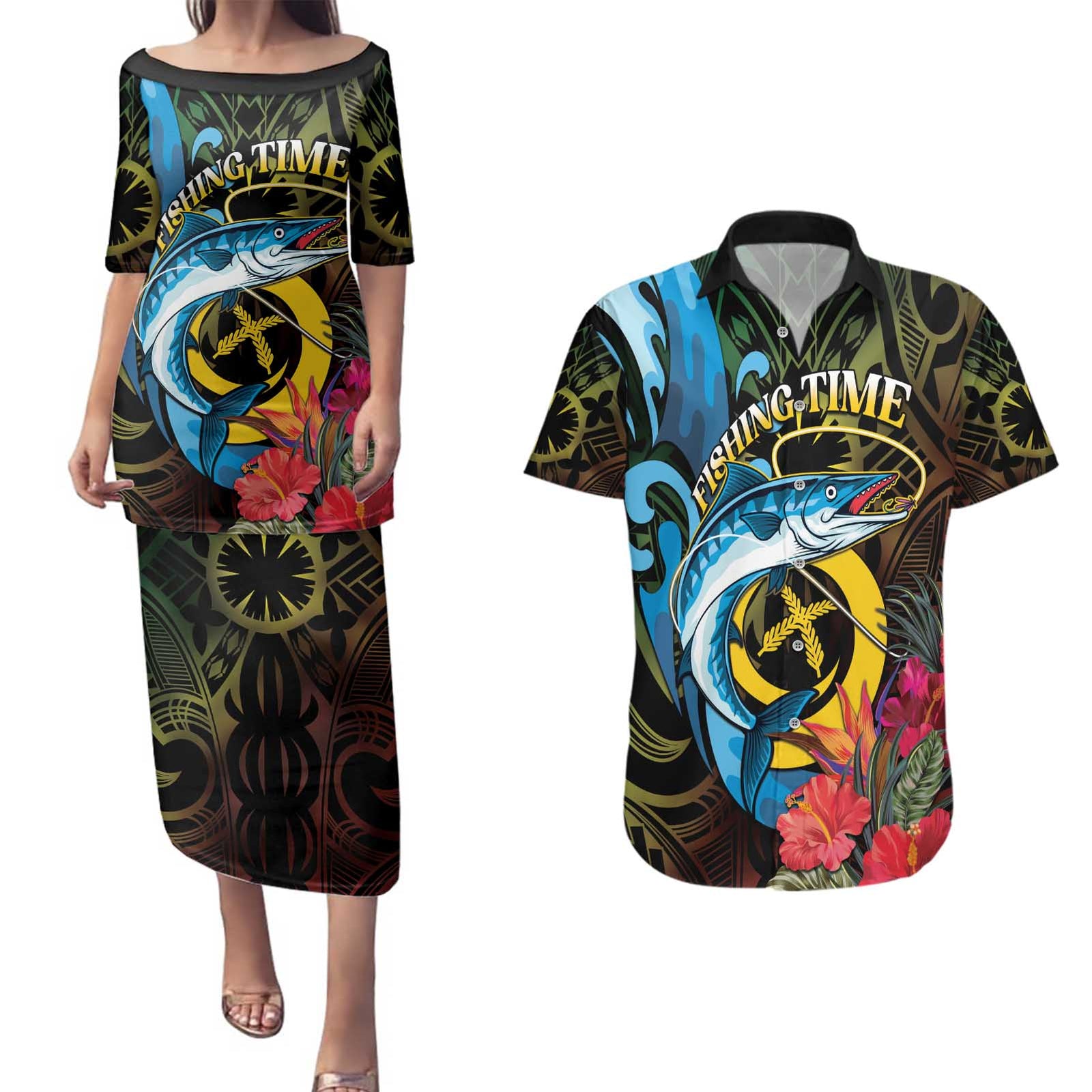 Vanuatu Fishing Couples Matching Puletasi and Hawaiian Shirt It's Time To Fish