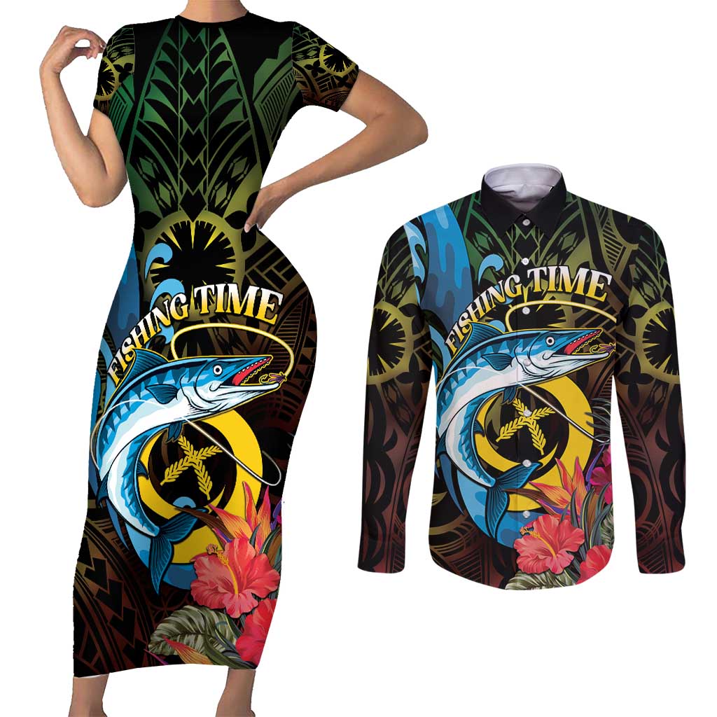 Vanuatu Fishing Couples Matching Short Sleeve Bodycon Dress and Long Sleeve Button Shirt It's Time To Fish