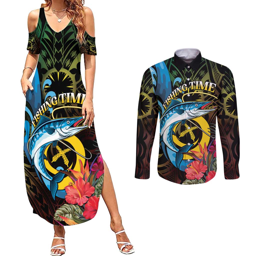 Vanuatu Fishing Couples Matching Summer Maxi Dress and Long Sleeve Button Shirt It's Time To Fish