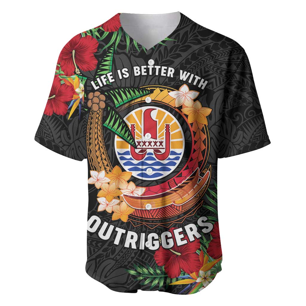 Personalised French Polynesia Outrigger Canoe Race Baseball Jersey Tropical Vibe LT05 Black - Polynesian Pride