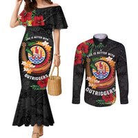 Personalised French Polynesia Outrigger Canoe Race Couples Matching Mermaid Dress and Long Sleeve Button Shirt Tropical Vibe LT05 Black - Polynesian Pride