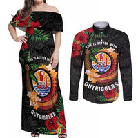 Personalised French Polynesia Outrigger Canoe Race Couples Matching Off Shoulder Maxi Dress and Long Sleeve Button Shirt Tropical Vibe LT05 Black - Polynesian Pride