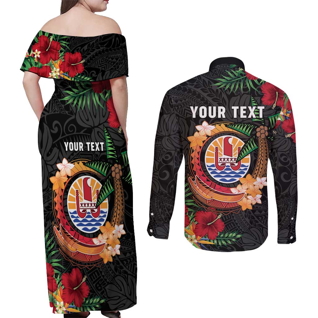 Personalised French Polynesia Outrigger Canoe Race Couples Matching Off Shoulder Maxi Dress and Long Sleeve Button Shirt Tropical Vibe LT05 - Polynesian Pride