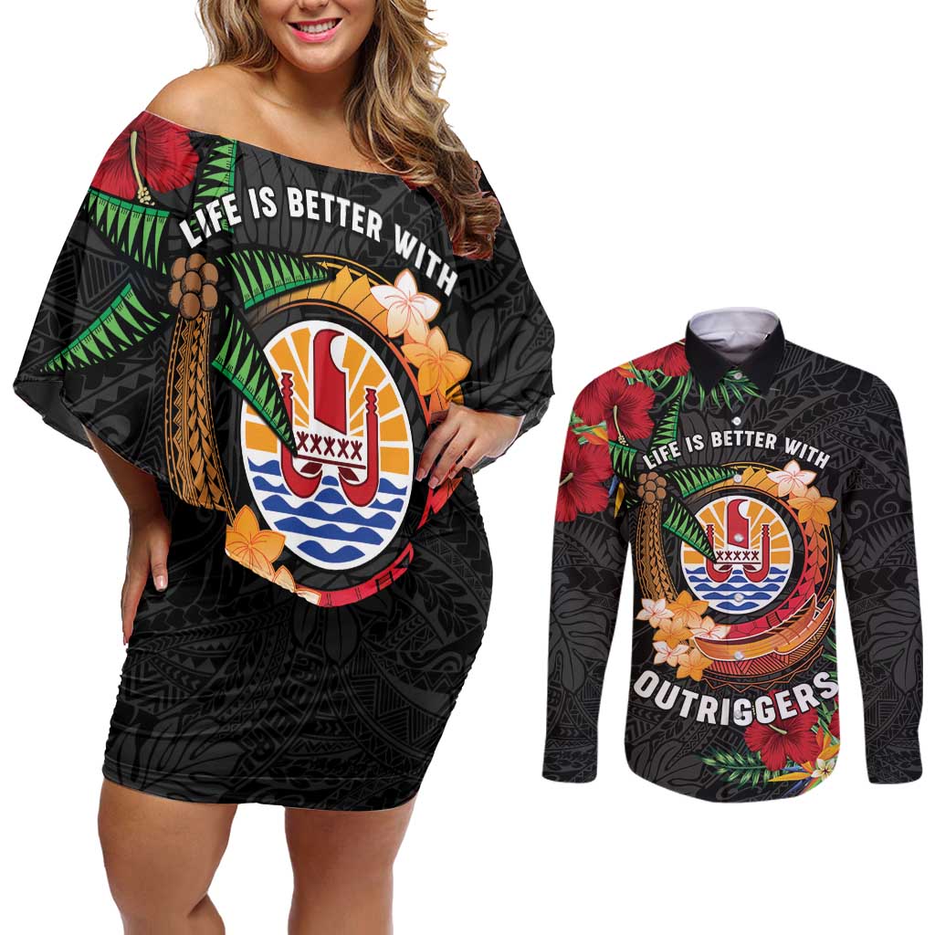 Personalised French Polynesia Outrigger Canoe Race Couples Matching Off Shoulder Short Dress and Long Sleeve Button Shirt Tropical Vibe LT05 Black - Polynesian Pride