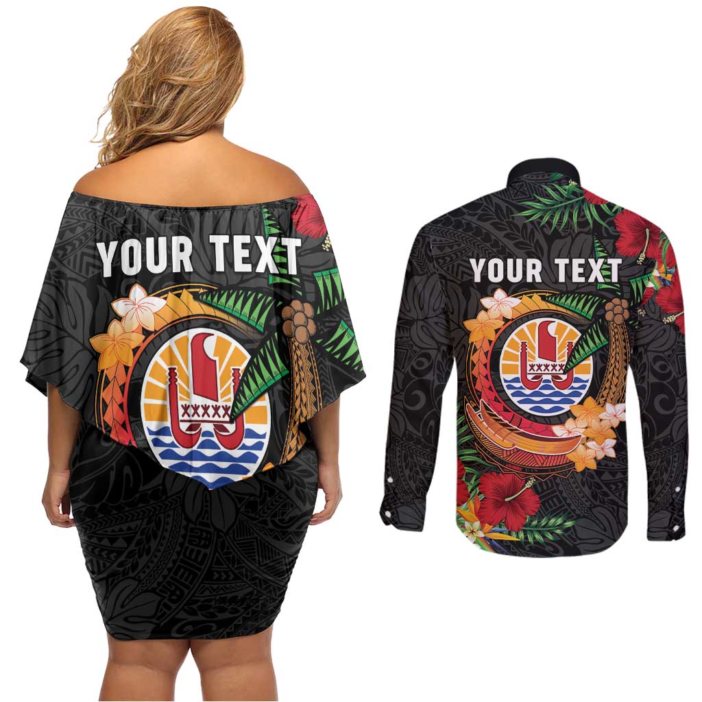 Personalised French Polynesia Outrigger Canoe Race Couples Matching Off Shoulder Short Dress and Long Sleeve Button Shirt Tropical Vibe LT05 - Polynesian Pride