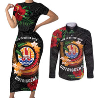 Personalised French Polynesia Outrigger Canoe Race Couples Matching Short Sleeve Bodycon Dress and Long Sleeve Button Shirt Tropical Vibe LT05 Black - Polynesian Pride