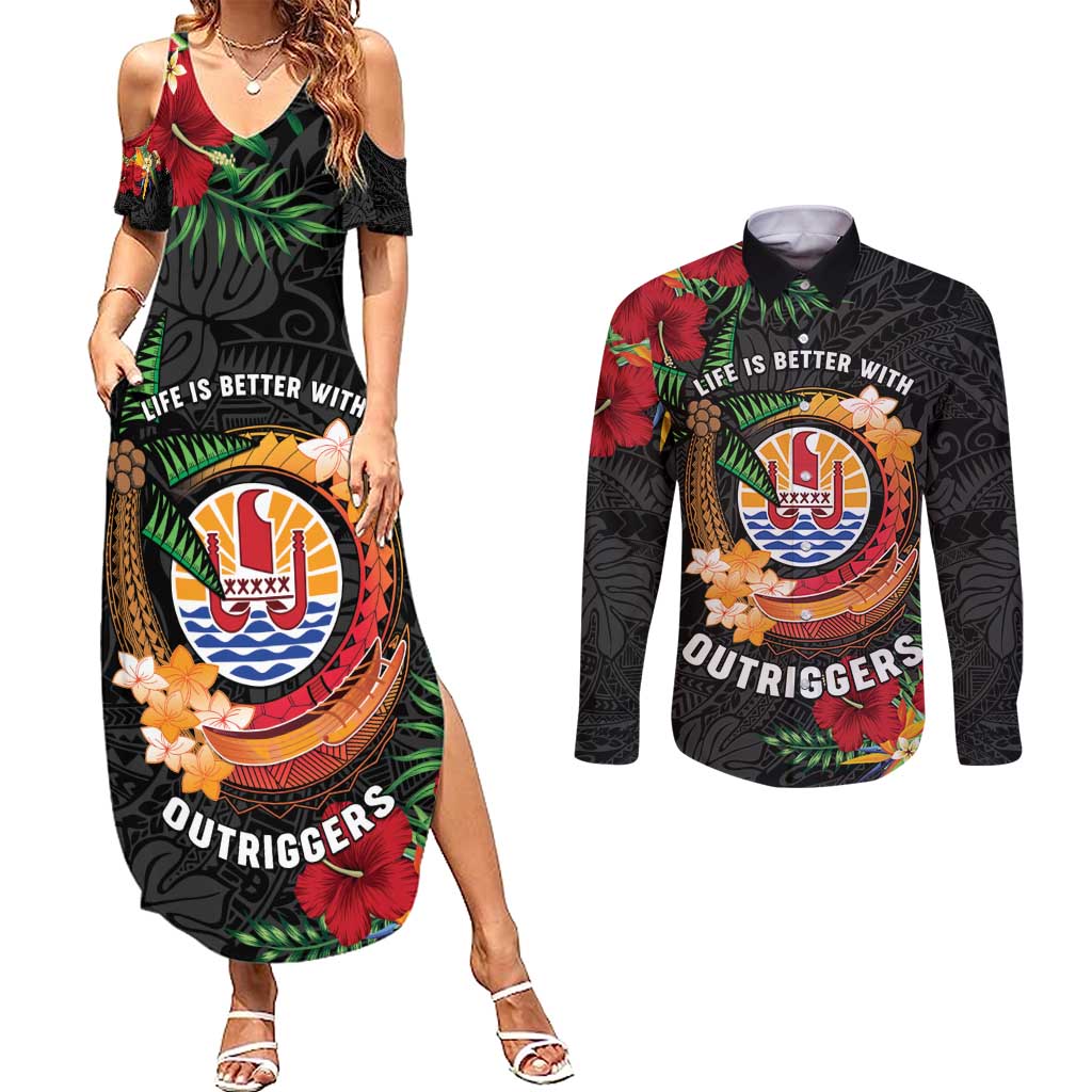 Personalised French Polynesia Outrigger Canoe Race Couples Matching Summer Maxi Dress and Long Sleeve Button Shirt Tropical Vibe LT05 Black - Polynesian Pride