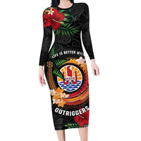Personalised French Polynesia Outrigger Canoe Race Family Matching Long Sleeve Bodycon Dress and Hawaiian Shirt Tropical Vibe LT05 Mom's Dress Black - Polynesian Pride
