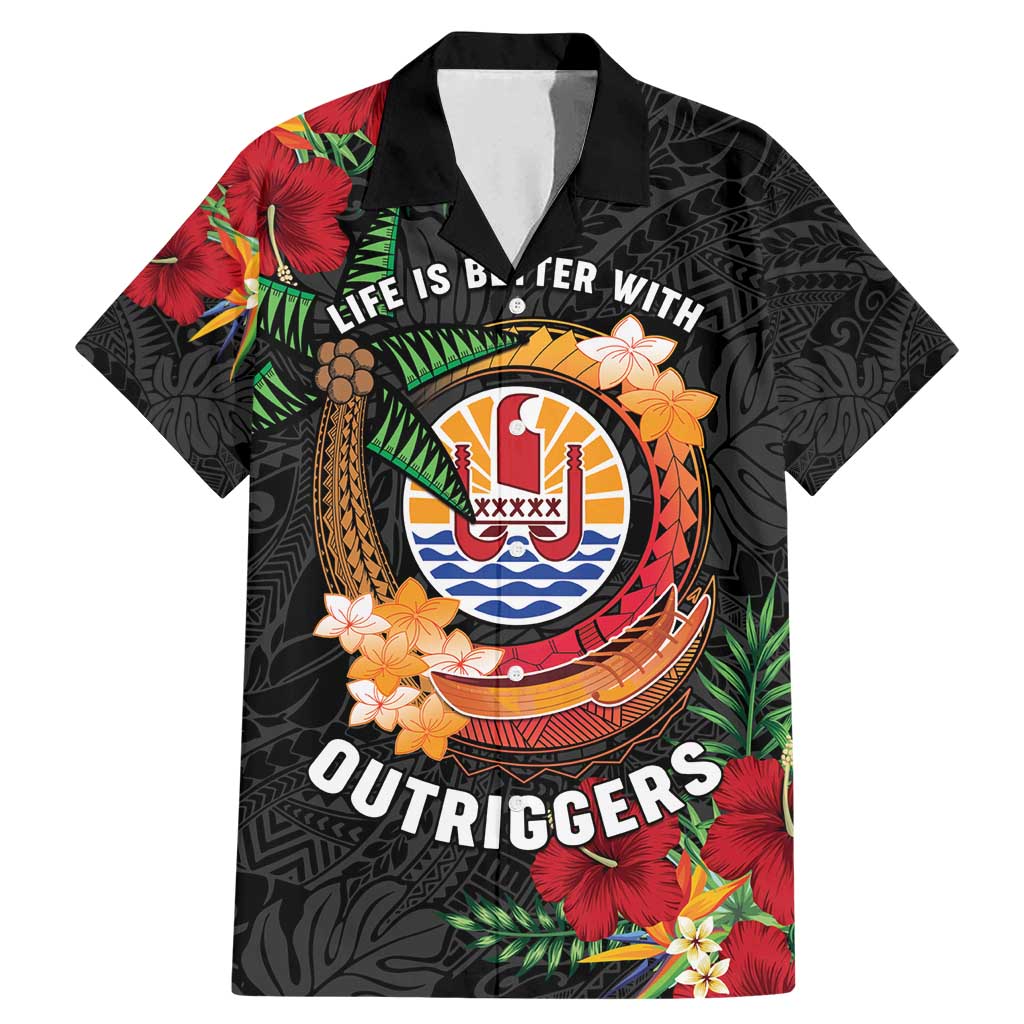 Personalised French Polynesia Outrigger Canoe Race Family Matching Mermaid Dress and Hawaiian Shirt Tropical Vibe LT05 Dad's Shirt - Short Sleeve Black - Polynesian Pride