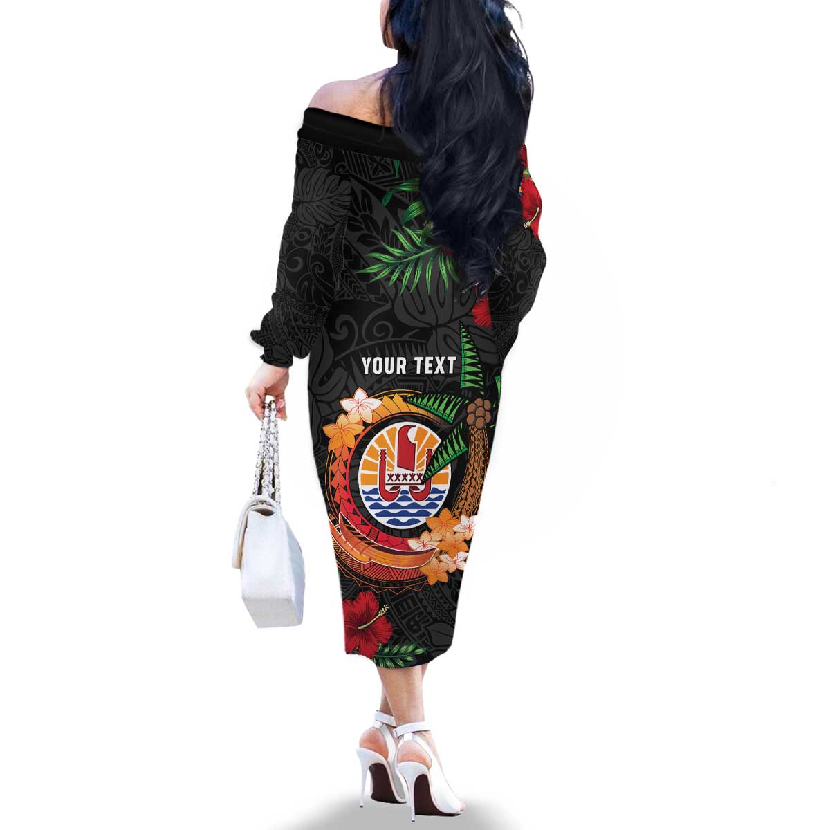 Personalised French Polynesia Outrigger Canoe Race Family Matching Off The Shoulder Long Sleeve Dress and Hawaiian Shirt Tropical Vibe