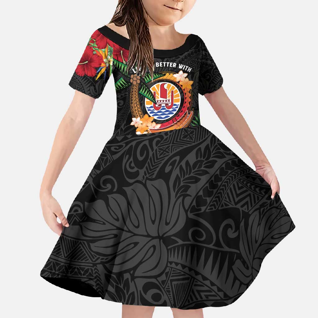 Personalised French Polynesia Outrigger Canoe Race Family Matching Short Sleeve Bodycon Dress and Hawaiian Shirt Tropical Vibe LT05 Daughter's Dress Black - Polynesian Pride