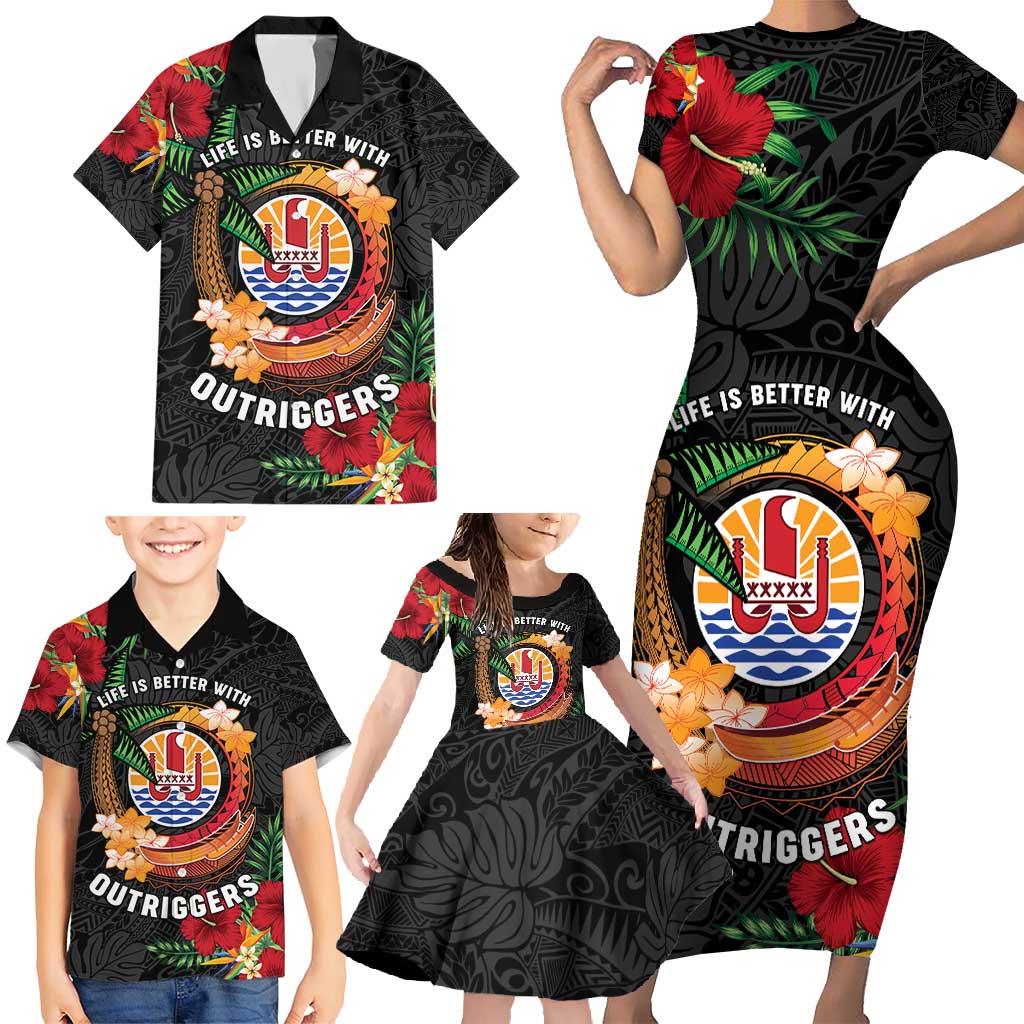 Personalised French Polynesia Outrigger Canoe Race Family Matching Short Sleeve Bodycon Dress and Hawaiian Shirt Tropical Vibe LT05 - Polynesian Pride