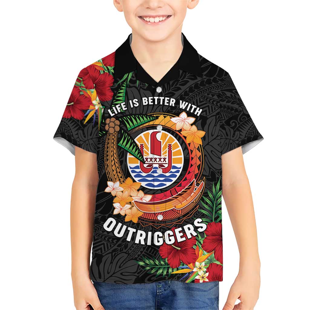 Personalised French Polynesia Outrigger Canoe Race Family Matching Short Sleeve Bodycon Dress and Hawaiian Shirt Tropical Vibe LT05 Son's Shirt Black - Polynesian Pride