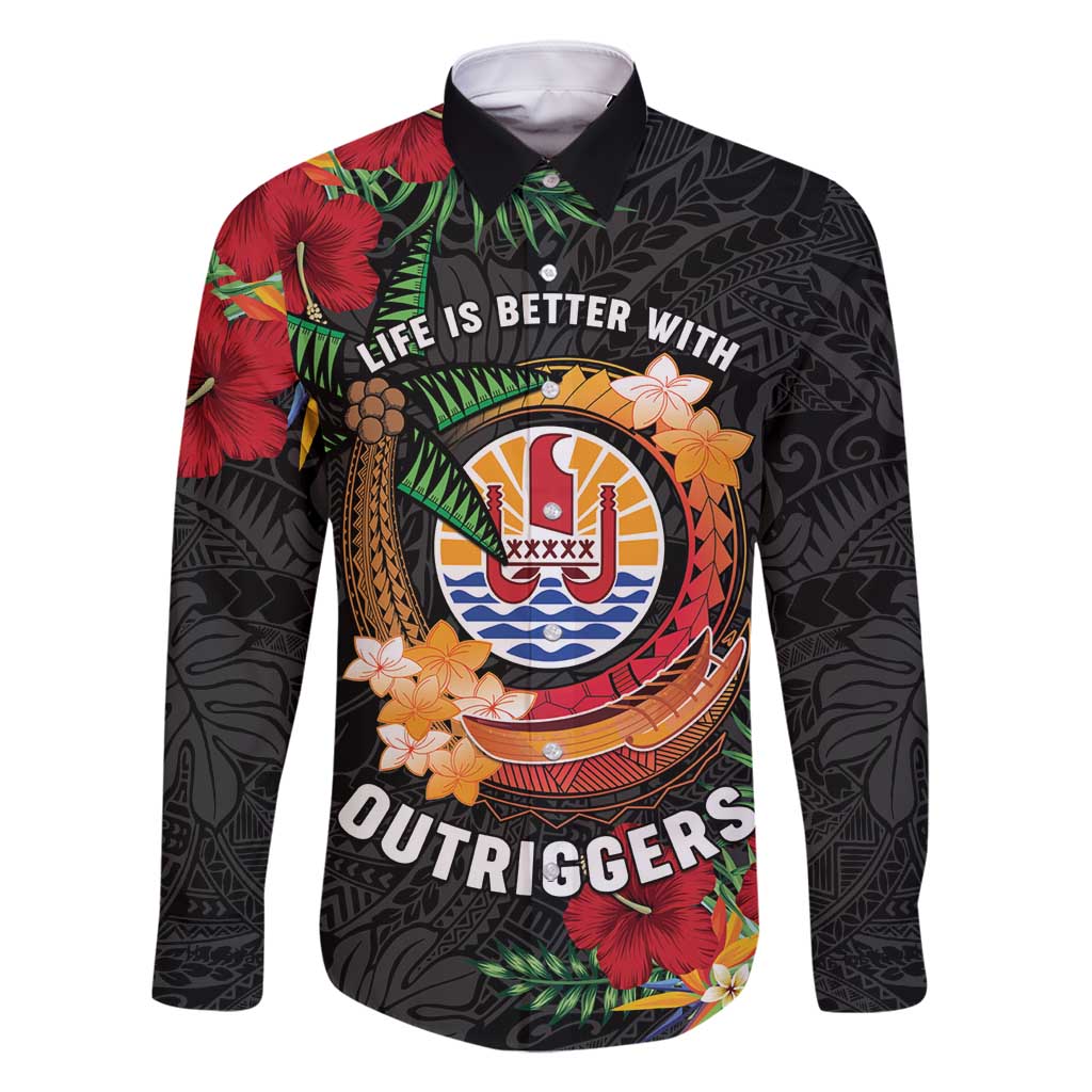 Personalised French Polynesia Outrigger Canoe Race Family Matching Tank Maxi Dress and Hawaiian Shirt Tropical Vibe LT05 Dad's Shirt - Long Sleeve Black - Polynesian Pride