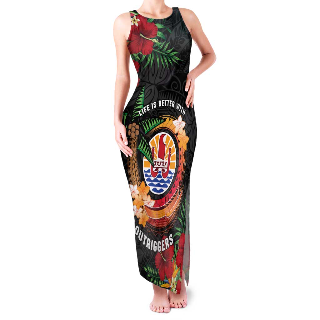 Personalised French Polynesia Outrigger Canoe Race Family Matching Tank Maxi Dress and Hawaiian Shirt Tropical Vibe LT05 Mom's Dress Black - Polynesian Pride