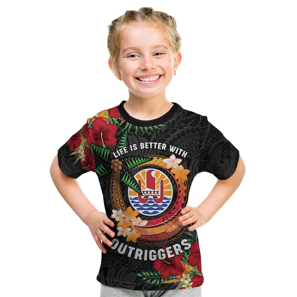 Personalised French Polynesia Outrigger Canoe Race Kid T Shirt Tropical Vibe LT05 Black - Polynesian Pride