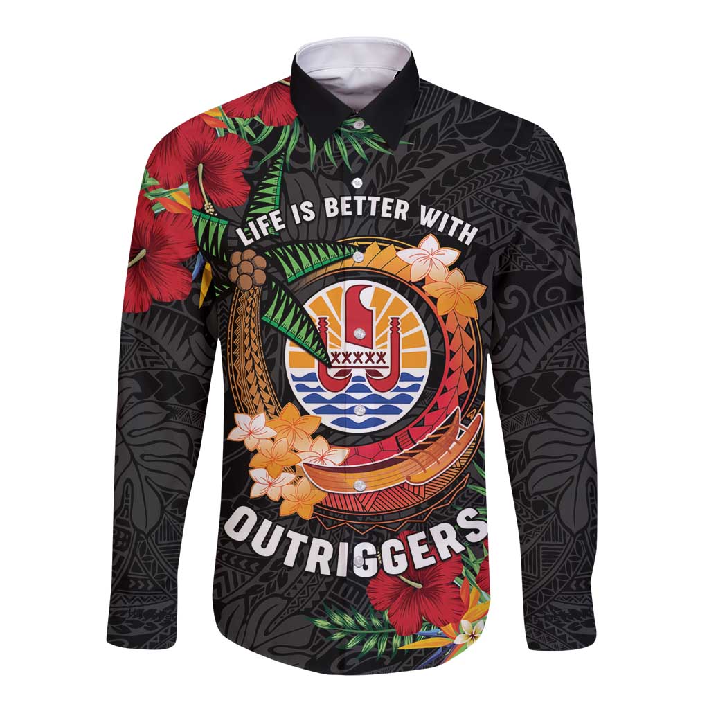 Personalised French Polynesia Outrigger Canoe Race Long Sleeve Button Shirt Tropical Vibe LT05 Unisex Black - Polynesian Pride