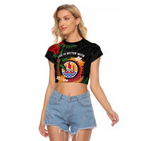 Personalised French Polynesia Outrigger Canoe Race Raglan Cropped T Shirt Tropical Vibe LT05 Female Black - Polynesian Pride