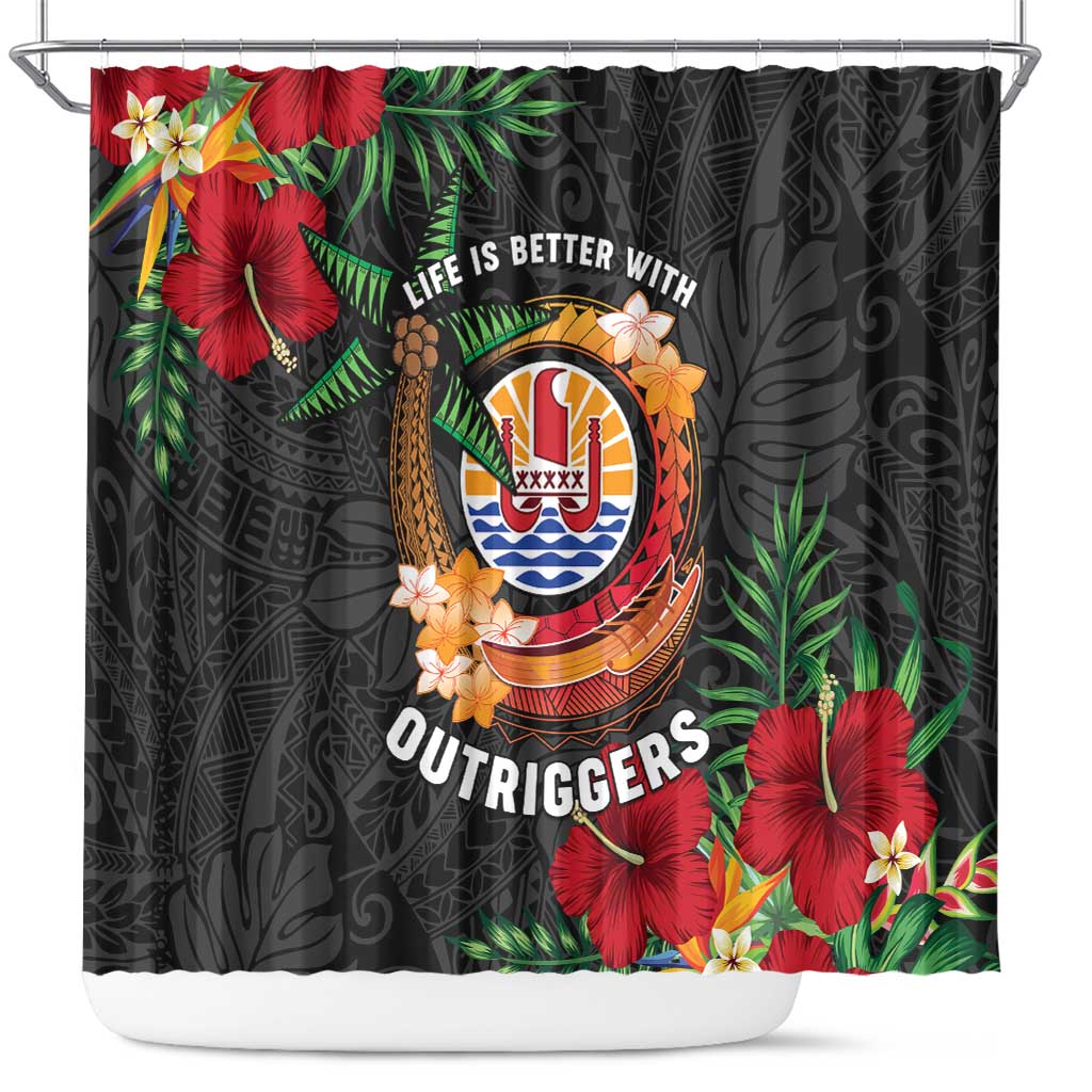 French Polynesia Outrigger Canoe Race Shower Curtain Tropical Vibe LT05 Black - Polynesian Pride