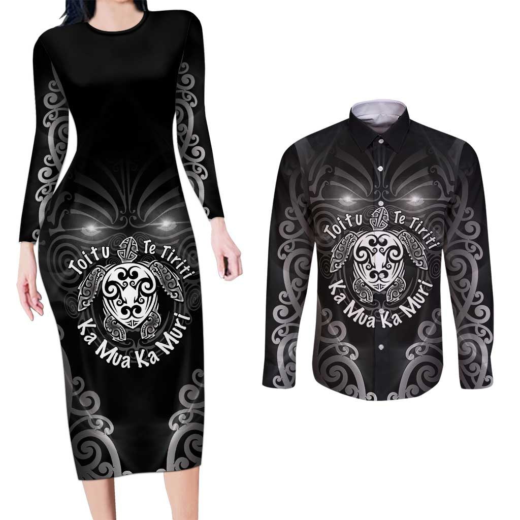 Aotearoa Toitu Te Tiriti Couples Matching Long Sleeve Bodycon Dress and Long Sleeve Button Shirt Ka Mua Ka Muri LT05 Black - Polynesian Pride