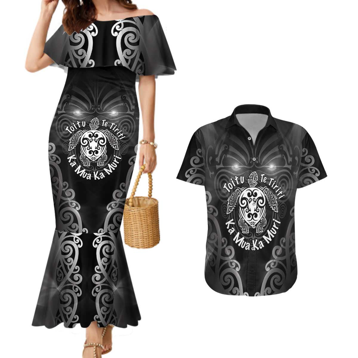 Aotearoa Toitu Te Tiriti Couples Matching Mermaid Dress and Hawaiian Shirt Ka Mua Ka Muri