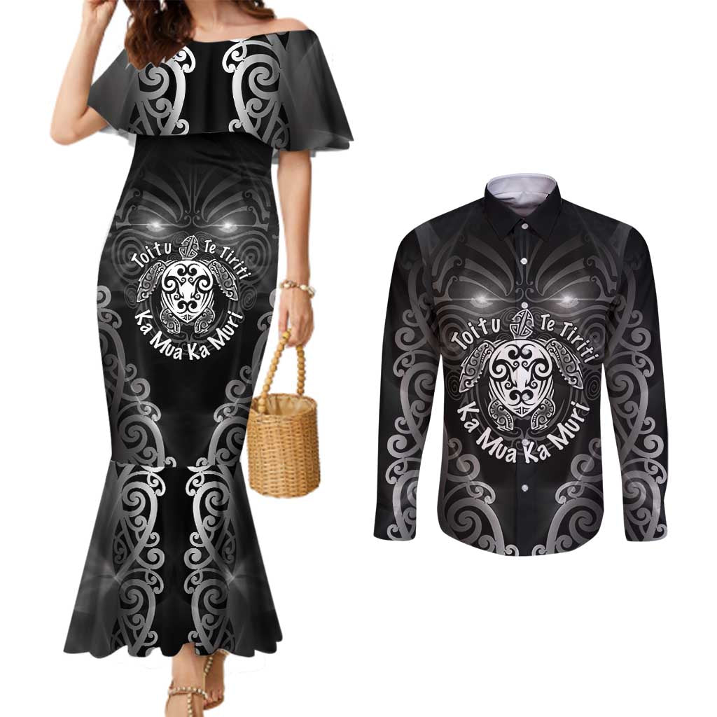 Aotearoa Toitu Te Tiriti Couples Matching Mermaid Dress and Long Sleeve Button Shirt Ka Mua Ka Muri LT05 Black - Polynesian Pride