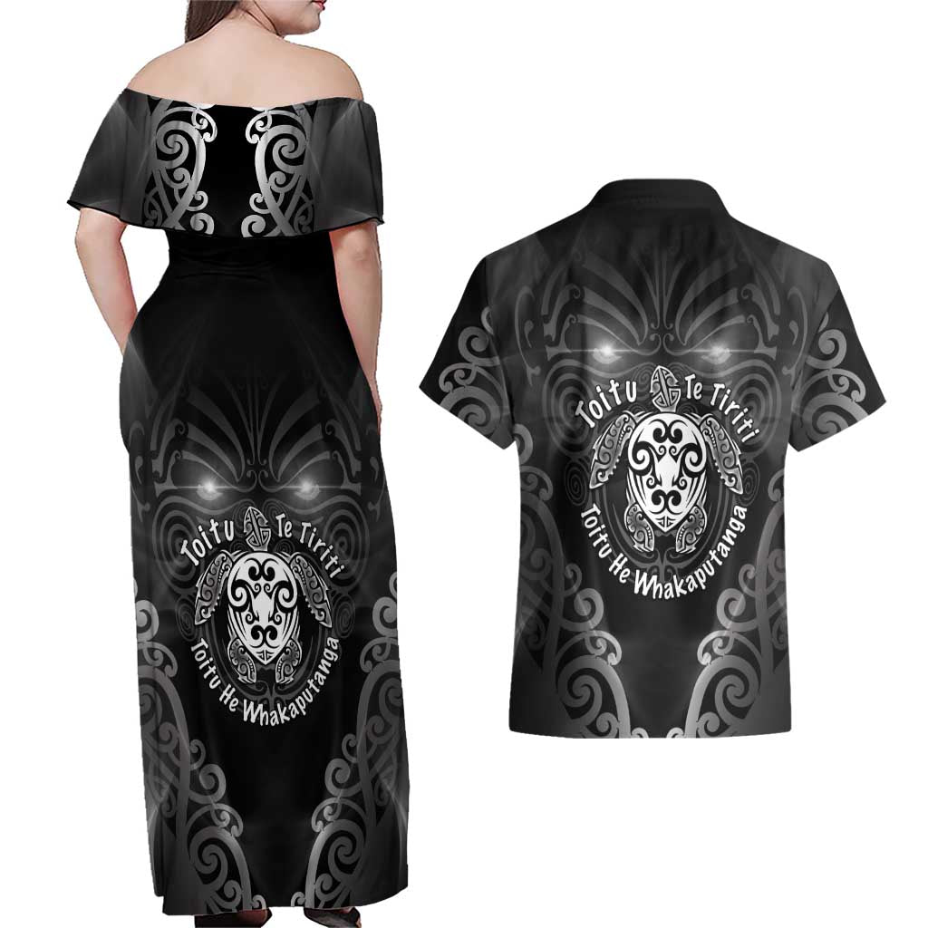 Aotearoa Toitu Te Tiriti Couples Matching Off Shoulder Maxi Dress and Hawaiian Shirt Ka Mua Ka Muri LT05 - Polynesian Pride