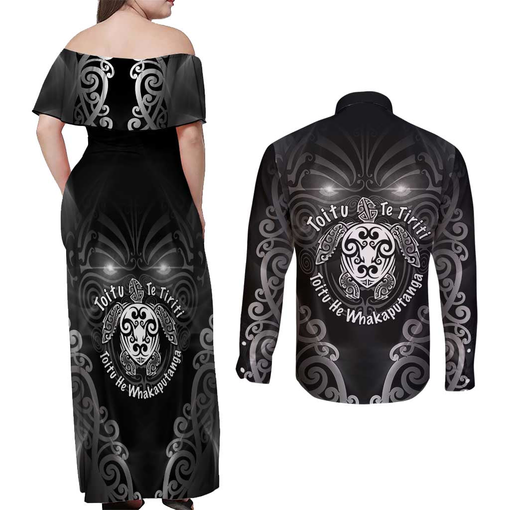 Aotearoa Toitu Te Tiriti Couples Matching Off Shoulder Maxi Dress and Long Sleeve Button Shirt Ka Mua Ka Muri LT05 - Polynesian Pride