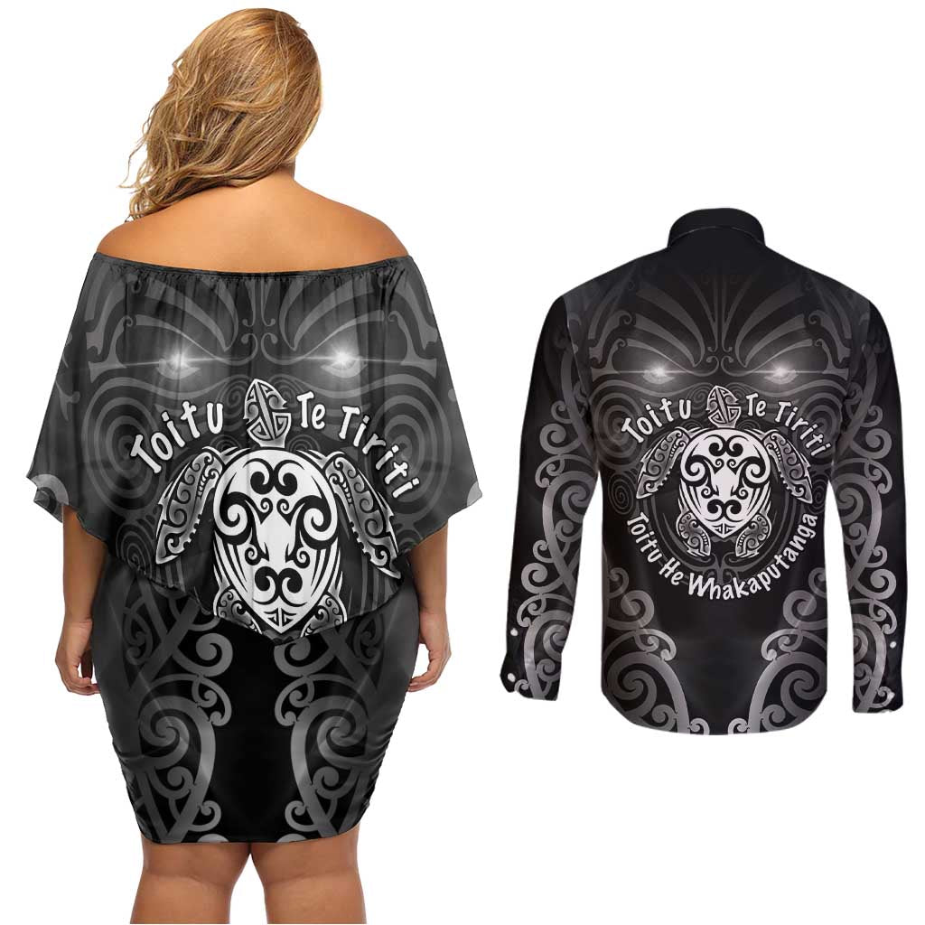 Aotearoa Toitu Te Tiriti Couples Matching Off Shoulder Short Dress and Long Sleeve Button Shirt Ka Mua Ka Muri LT05 - Polynesian Pride