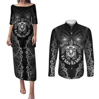 Aotearoa Toitu Te Tiriti Couples Matching Puletasi and Long Sleeve Button Shirt Ka Mua Ka Muri LT05 Black - Polynesian Pride