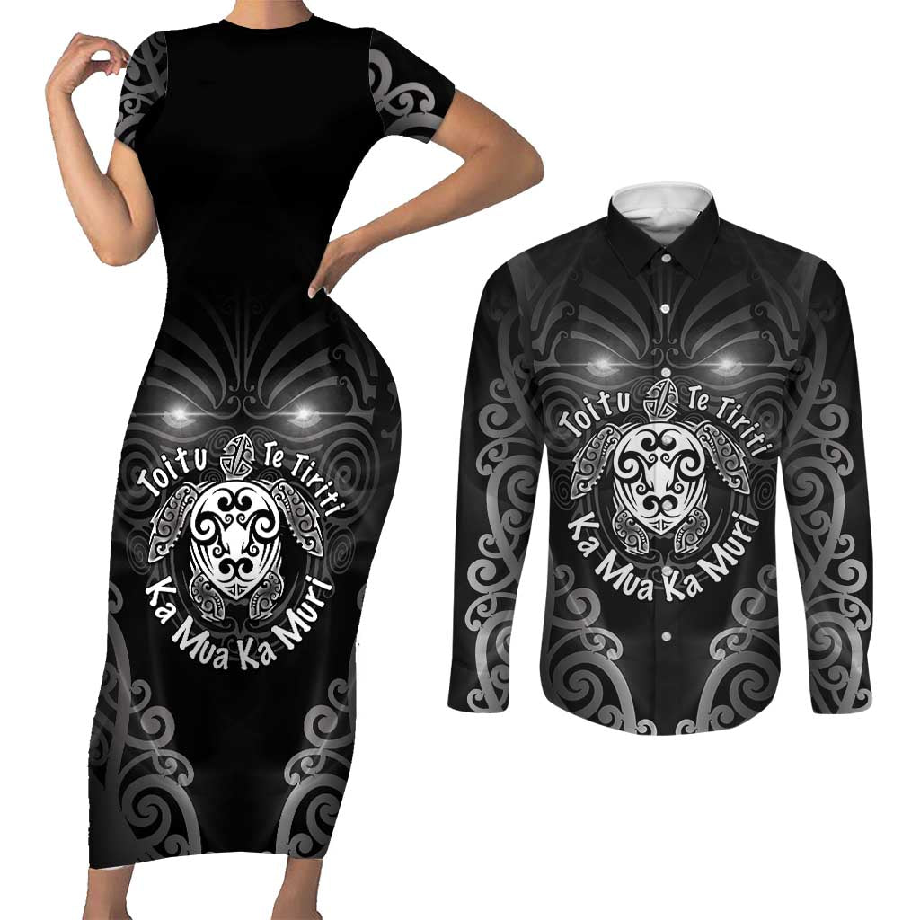 Aotearoa Toitu Te Tiriti Couples Matching Short Sleeve Bodycon Dress and Long Sleeve Button Shirt Ka Mua Ka Muri LT05 Black - Polynesian Pride