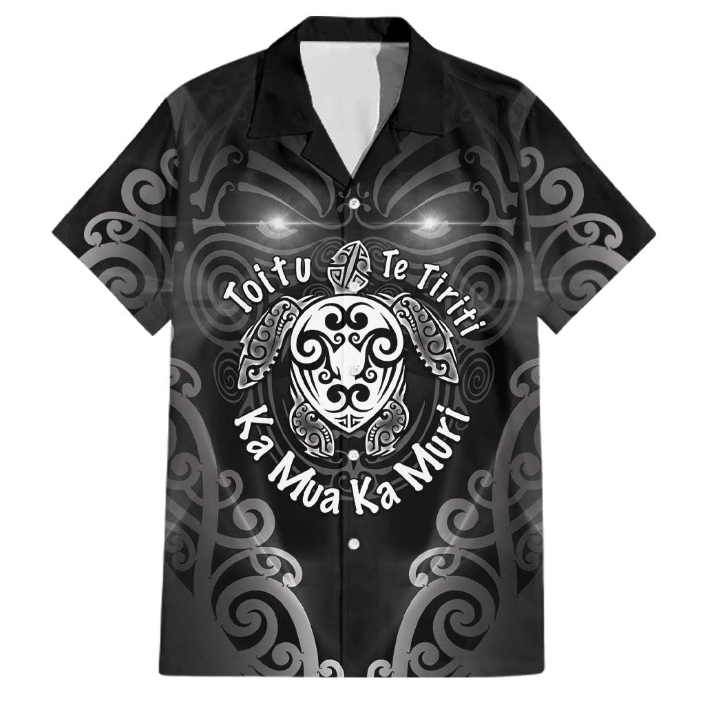 Aotearoa Toitu Te Tiriti Family Matching Off The Shoulder Long Sleeve Dress and Hawaiian Shirt Ka Mua Ka Muri LT05 Dad's Shirt - Short Sleeve Black - Polynesian Pride