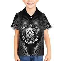 Aotearoa Toitu Te Tiriti Family Matching Off Shoulder Short Dress and Hawaiian Shirt Ka Mua Ka Muri LT05 Son's Shirt Black - Polynesian Pride