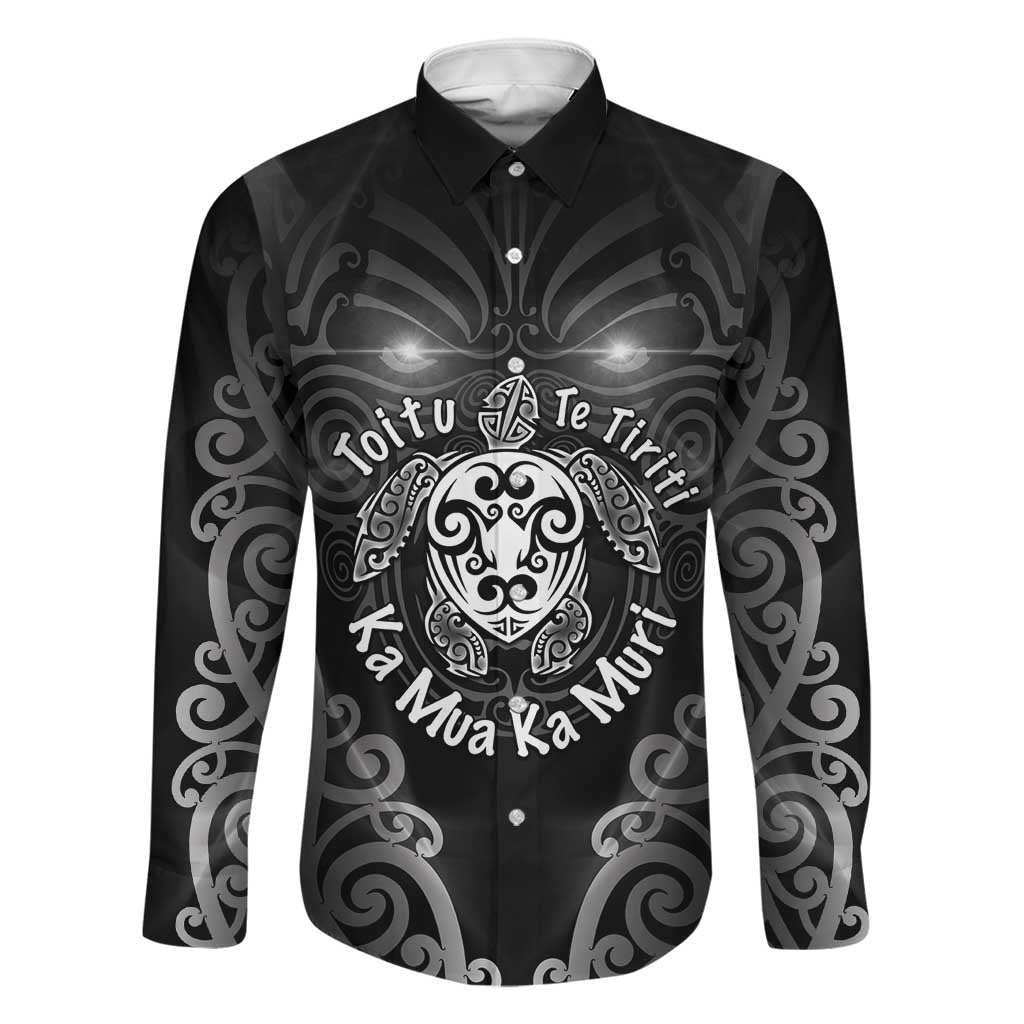 Aotearoa Toitu Te Tiriti Family Matching Tank Maxi Dress and Hawaiian Shirt Ka Mua Ka Muri LT05 Dad's Shirt - Long Sleeve Black - Polynesian Pride