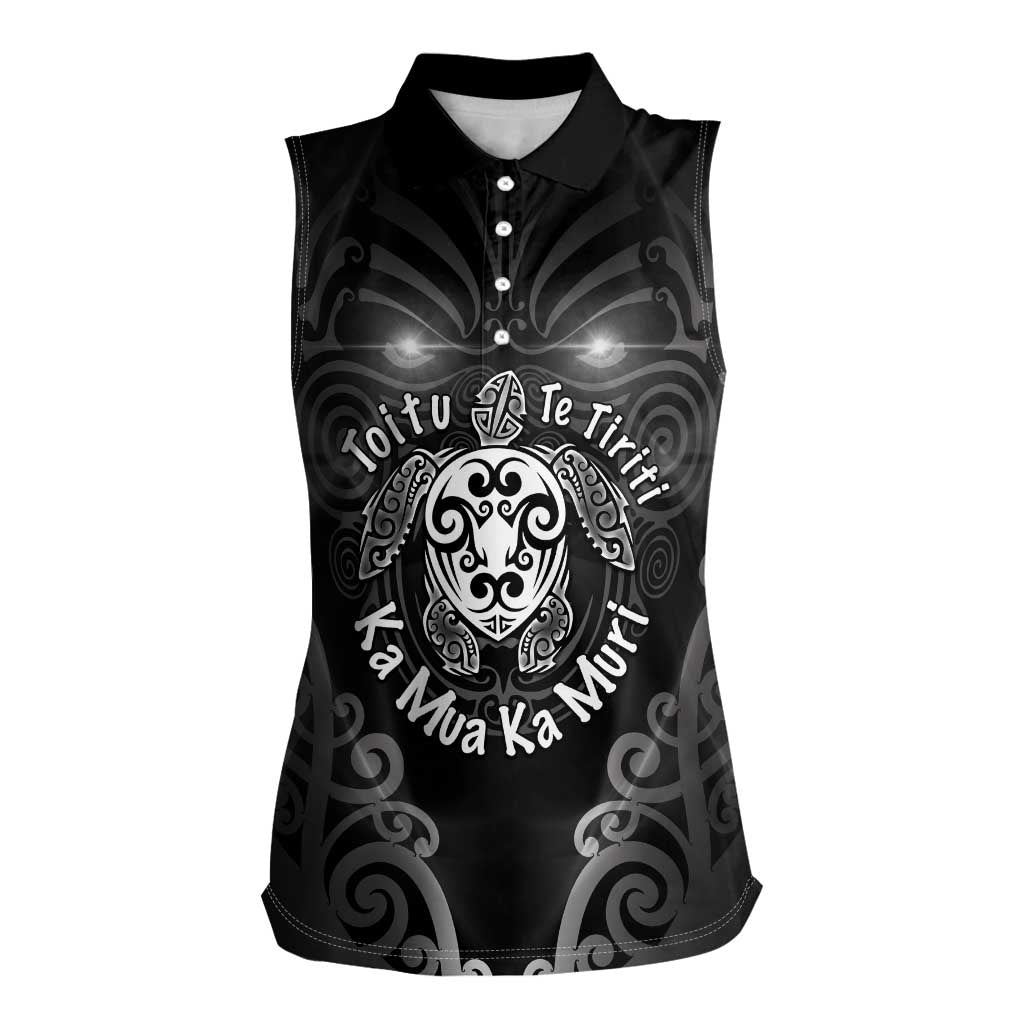 Aotearoa Toitu Te Tiriti Women Sleeveless Polo Shirt Ka Mua Ka Muri LT05 Female Black - Polynesian Pride