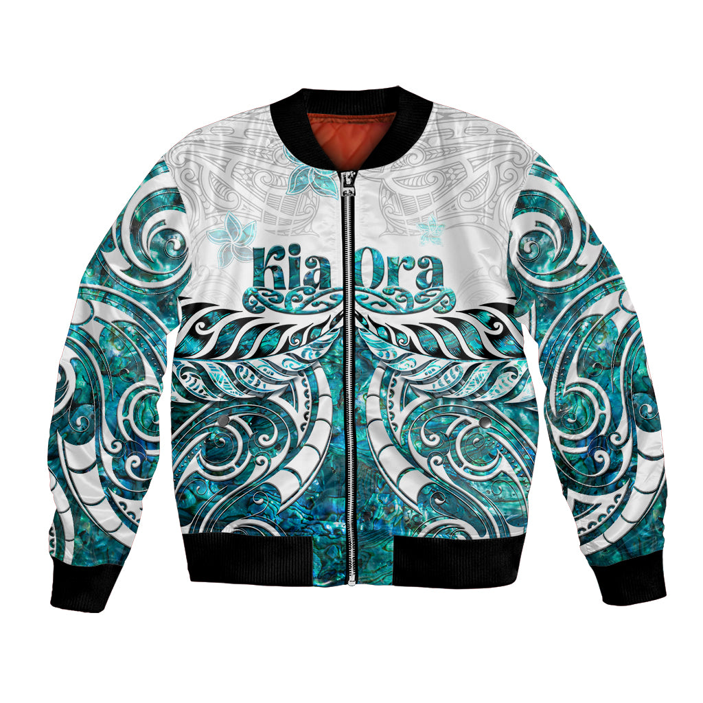 New Zealand Aotearoa Kia Ora Bomber Jacket Paua Shell Maori Silver Fern LT05 Unisex Turquoise - Polynesian Pride