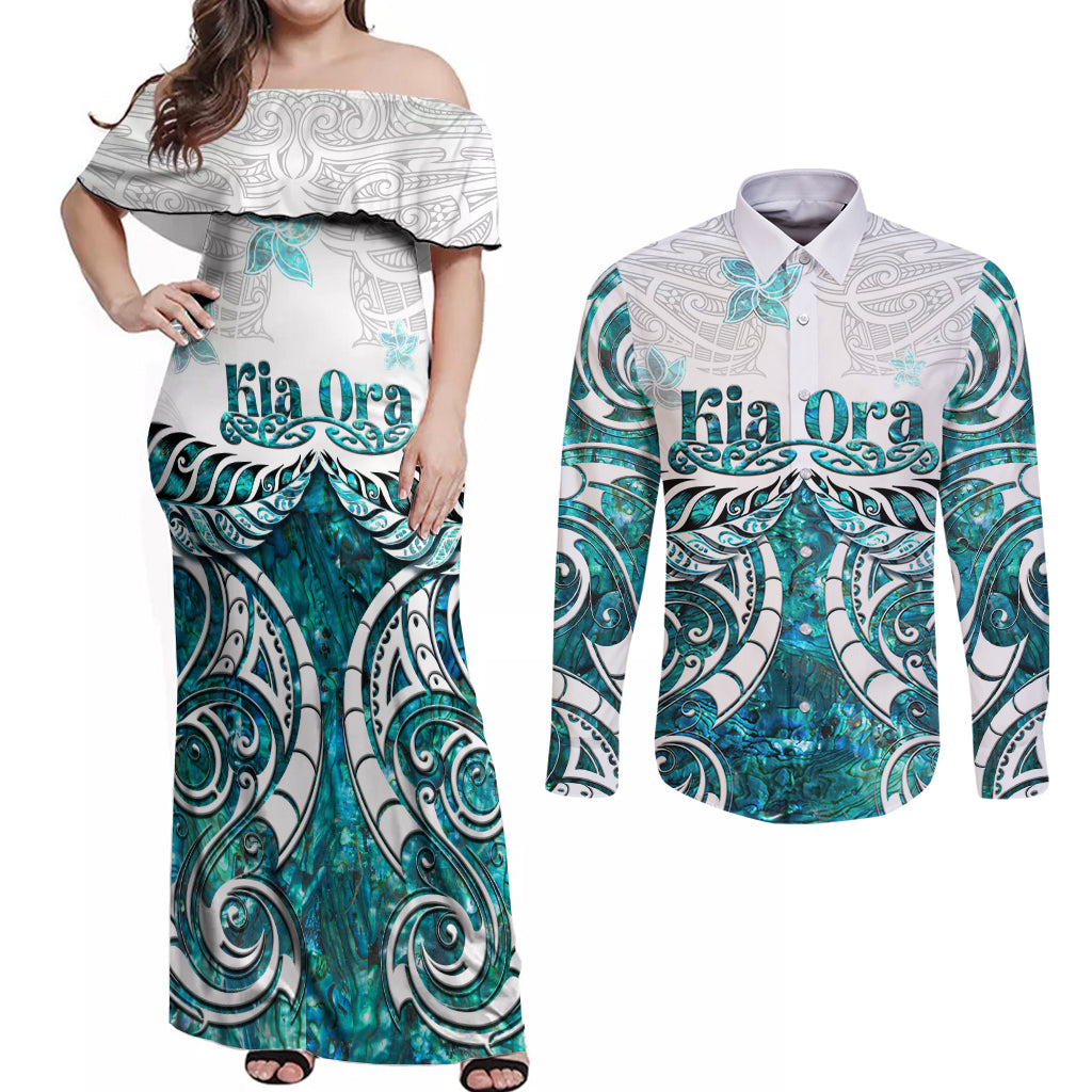 New Zealand Aotearoa Kia Ora Couples Matching Off Shoulder Maxi Dress and Long Sleeve Button Shirt Paua Shell Maori Silver Fern LT05 Turquoise - Polynesian Pride