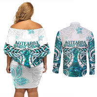 New Zealand Aotearoa Kia Ora Couples Matching Off Shoulder Short Dress and Long Sleeve Button Shirt Paua Shell Maori Silver Fern LT05 - Polynesian Pride