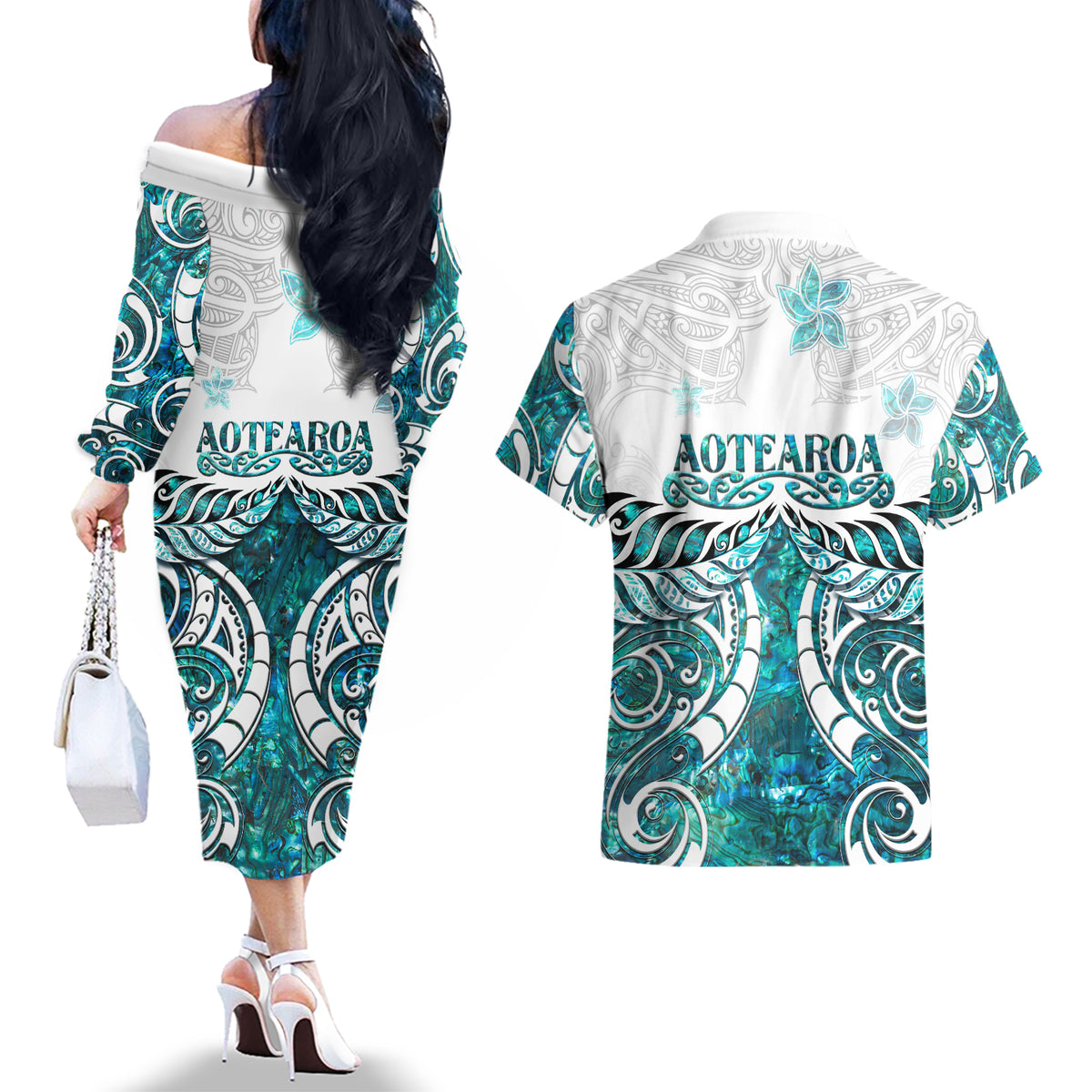 New Zealand Aotearoa Kia Ora Couples Matching Off The Shoulder Long Sleeve Dress and Hawaiian Shirt Paua Shell Maori Silver Fern LT05 - Polynesian Pride