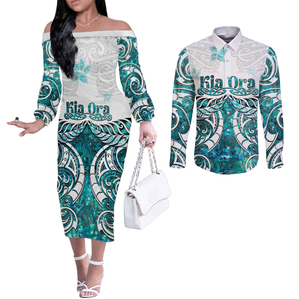 New Zealand Aotearoa Kia Ora Couples Matching Off The Shoulder Long Sleeve Dress and Long Sleeve Button Shirt Paua Shell Maori Silver Fern LT05 Turquoise - Polynesian Pride