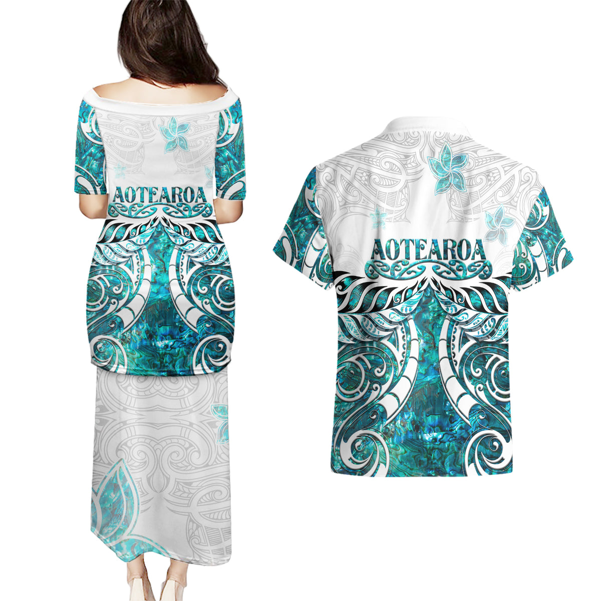 New Zealand Aotearoa Kia Ora Couples Matching Puletasi and Hawaiian Shirt Paua Shell Maori Silver Fern LT05 - Polynesian Pride