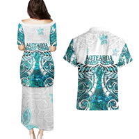 New Zealand Aotearoa Kia Ora Couples Matching Puletasi and Hawaiian Shirt Paua Shell Maori Silver Fern LT05 - Polynesian Pride