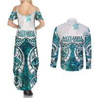 New Zealand Aotearoa Kia Ora Couples Matching Summer Maxi Dress and Long Sleeve Button Shirt Paua Shell Maori Silver Fern LT05 - Polynesian Pride