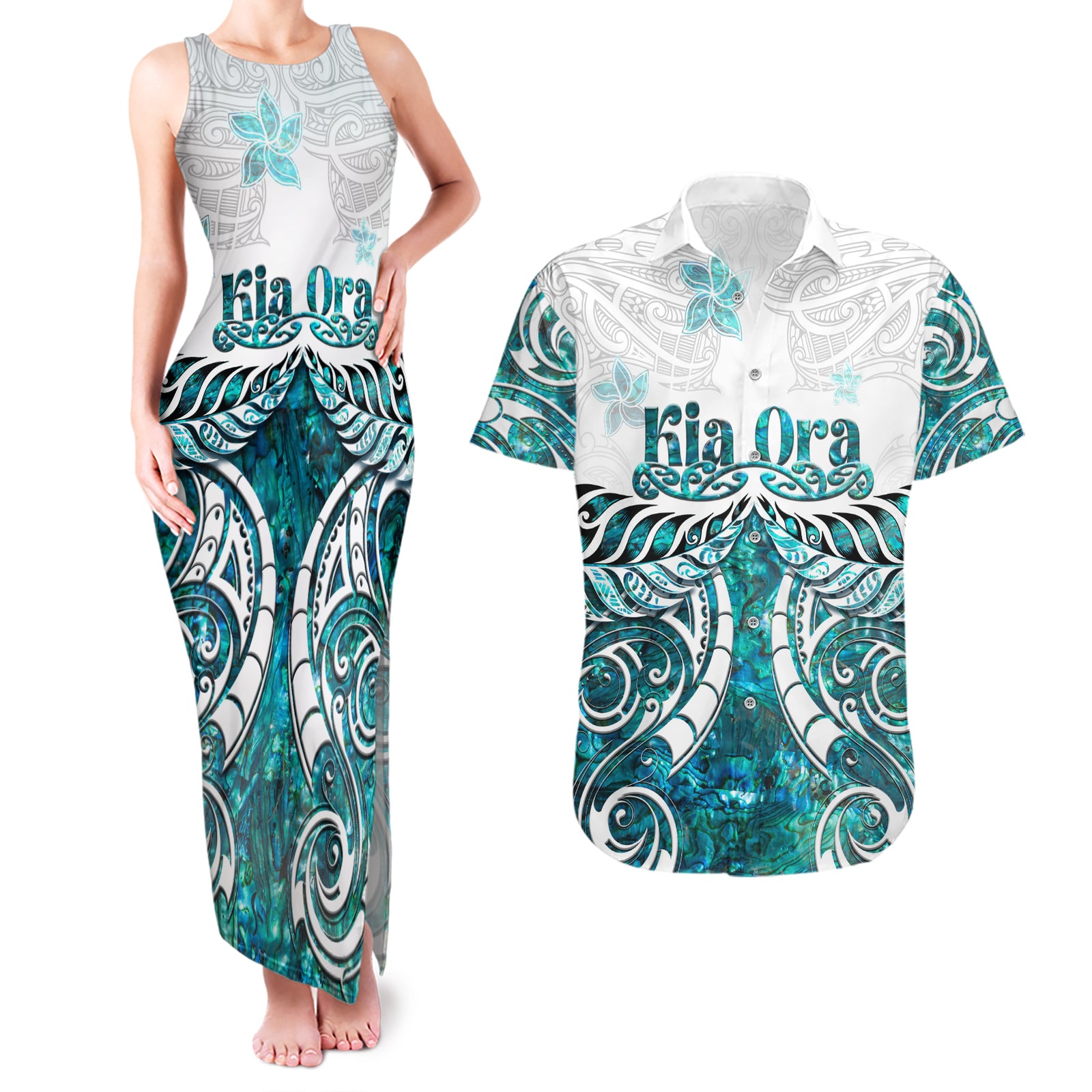 New Zealand Aotearoa Kia Ora Couples Matching Tank Maxi Dress and Hawaiian Shirt Paua Shell Maori Silver Fern LT05 Turquoise - Polynesian Pride