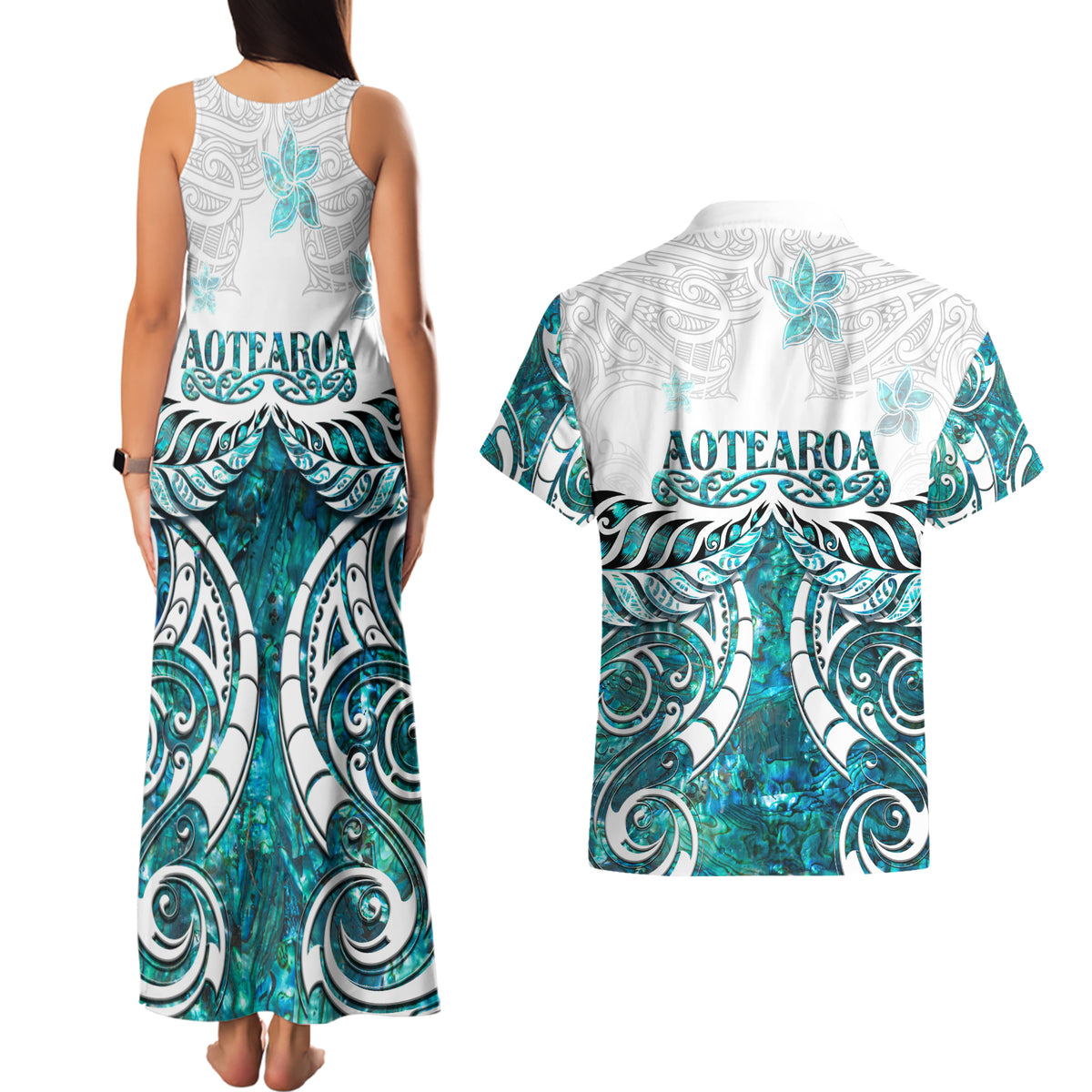 New Zealand Aotearoa Kia Ora Couples Matching Tank Maxi Dress and Hawaiian Shirt Paua Shell Maori Silver Fern LT05 - Polynesian Pride