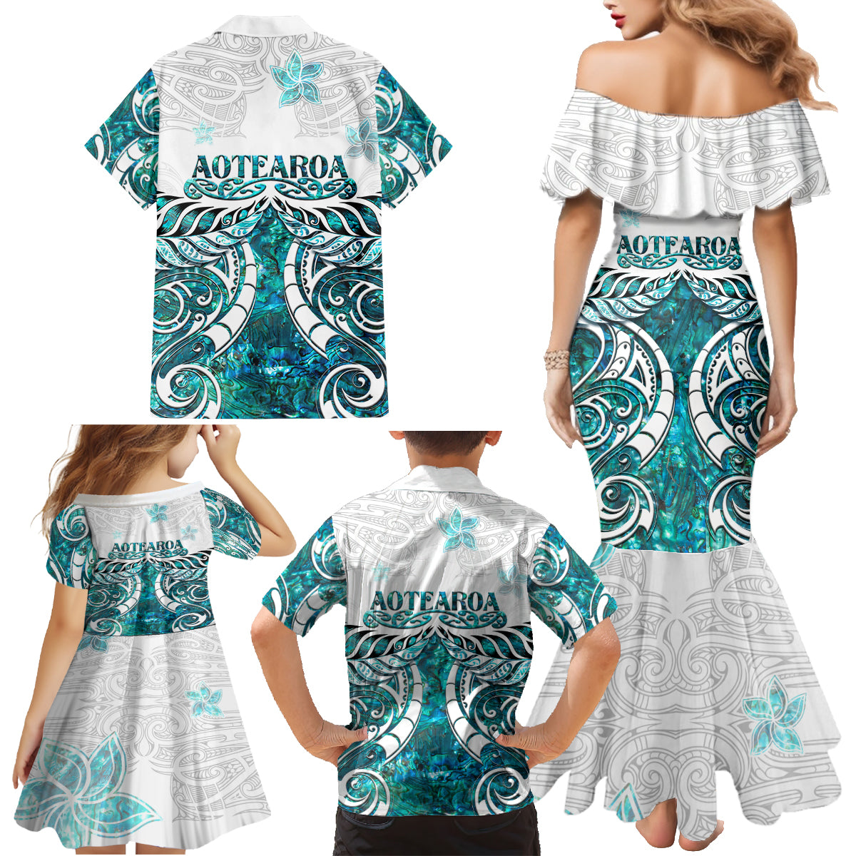 New Zealand Aotearoa Kia Ora Family Matching Mermaid Dress and Hawaiian Shirt Paua Shell Maori Silver Fern LT05 - Polynesian Pride