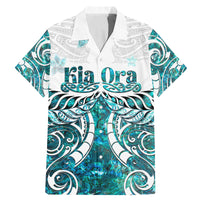 New Zealand Aotearoa Kia Ora Family Matching Mermaid Dress and Hawaiian Shirt Paua Shell Maori Silver Fern LT05 Dad's Shirt - Short Sleeve Turquoise - Polynesian Pride