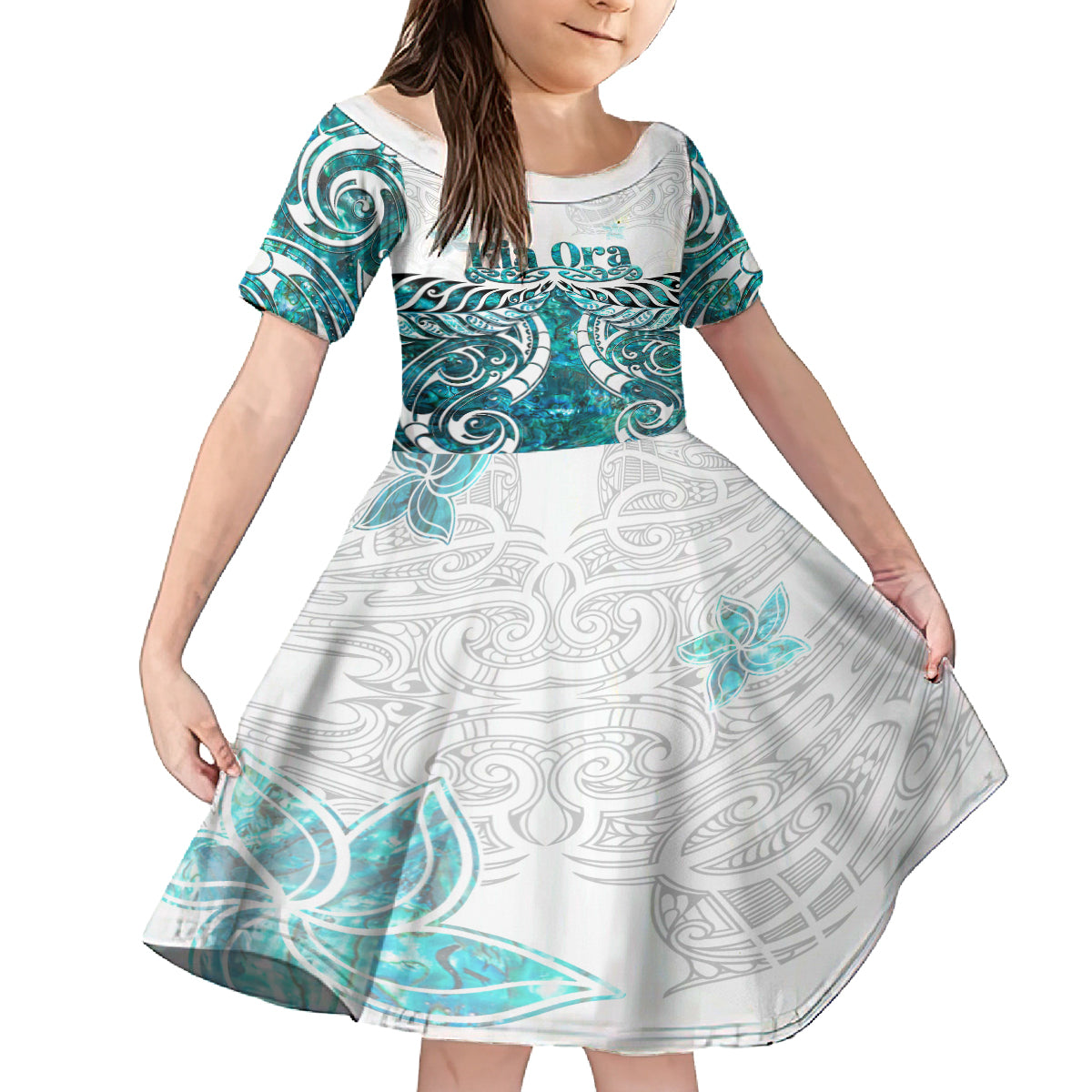 New Zealand Aotearoa Kia Ora Family Matching Off Shoulder Short Dress and Hawaiian Shirt Paua Shell Maori Silver Fern LT05 Daughter's Dress Turquoise - Polynesian Pride