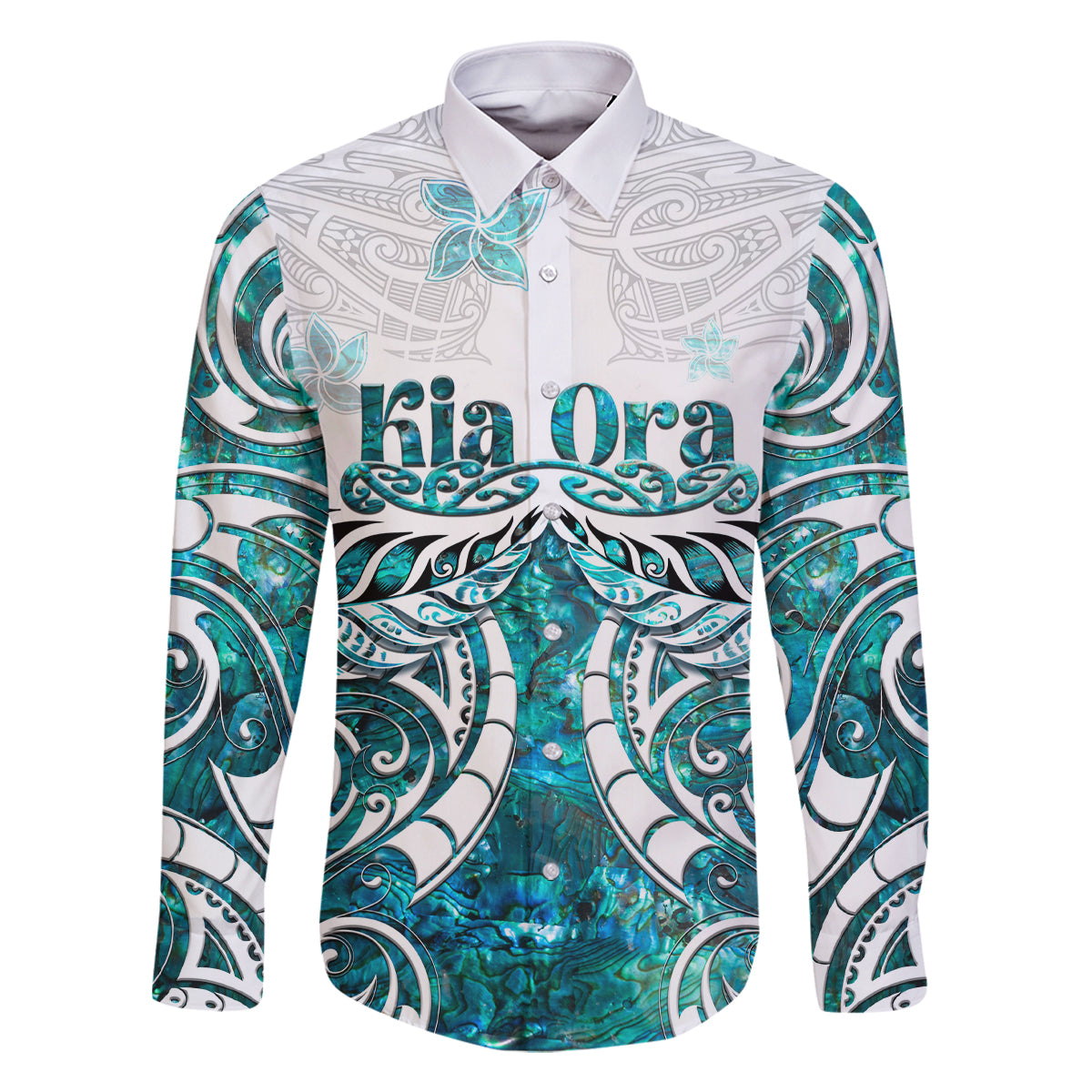 New Zealand Aotearoa Kia Ora Family Matching Off Shoulder Short Dress and Hawaiian Shirt Paua Shell Maori Silver Fern LT05 Dad's Shirt - Long Sleeve Turquoise - Polynesian Pride