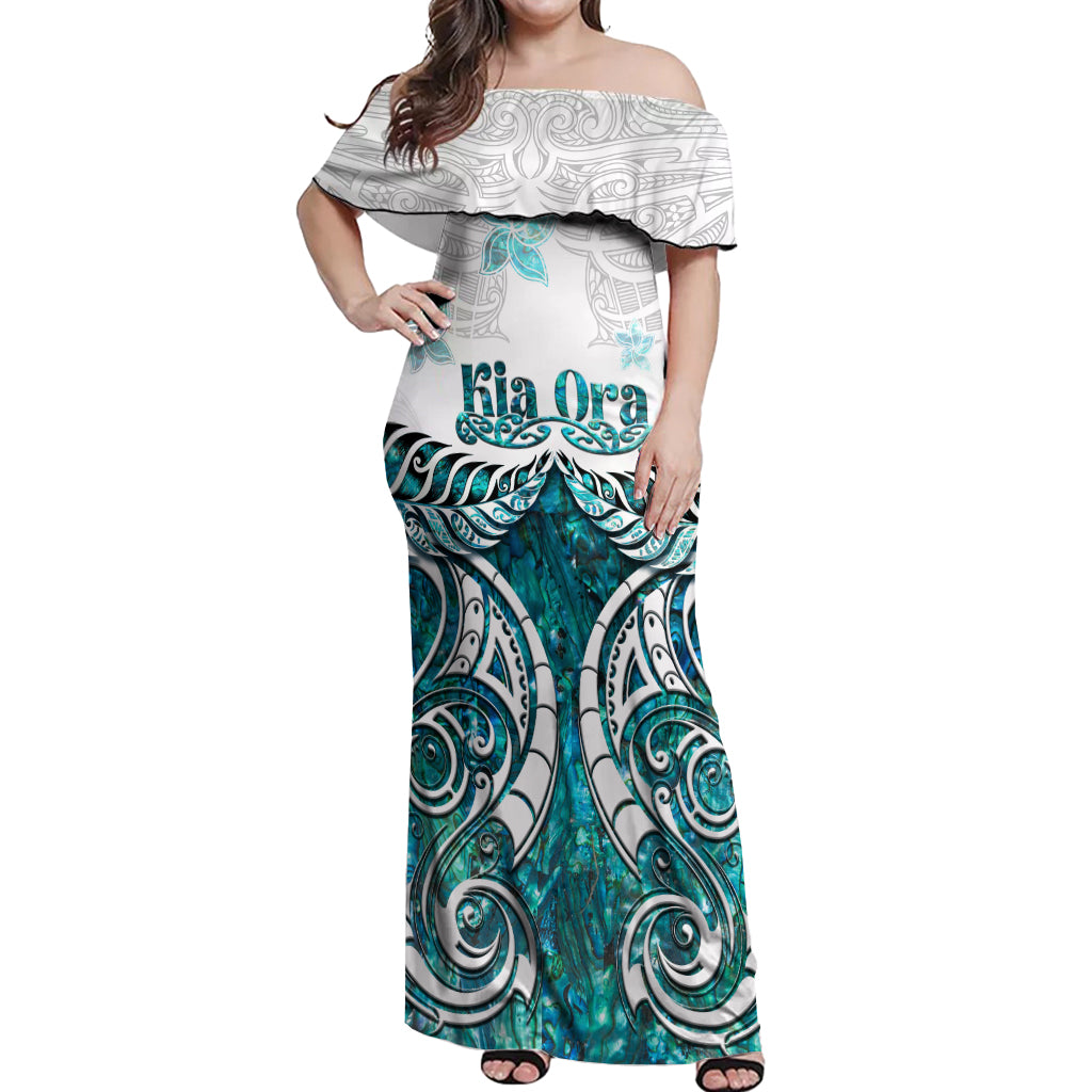 New Zealand Aotearoa Kia Ora Off Shoulder Maxi Dress Paua Shell Maori Silver Fern LT05 Women Turquoise - Polynesian Pride